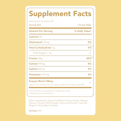 Image of Clean Simple Eats Whey Isolate Protein Powder, Simply Vanilla, Naturally Sweetened, Zero Added Sugar, 20g 100% Grass Fed Protein Powder with Digestive Enzymes, Gluten Free, Non GMO, 30 Servings