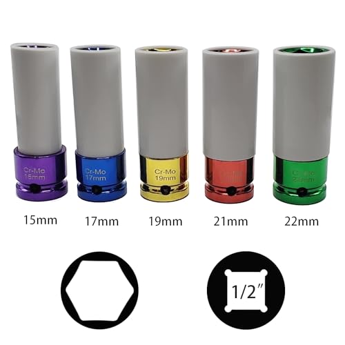 Image of 5PCS 1 /2 inch Drive Impact Lug Nut Socket Set, Lug Nut Impact Socket | 15 17 19 21 22mm, 6 Point, Non-Marring, Thin Wall, Deep Socket, Wheel Protector, Protective Socket, Color-Coded, Cr-Mo Steel