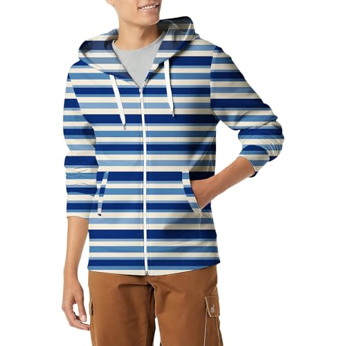 LOAIHA Men's Striped Full Zip Hoodie Casual Jacket With Drawstring Hood And Kangaroo Pockets For Outdoor Wear