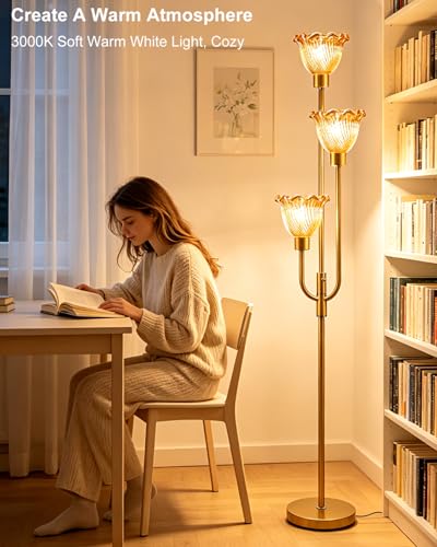 Image of Lightdot 3-Lights Glass Floor Lamp 66IN Modern Gold Dimmable Floor Lamps with 3000K Warm White Bulbs for Wedding Party Tall Standing Lamp with Amber Glass Shade for Living Room /Bedroom /Home Decor