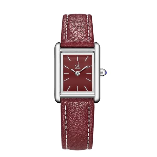 SHENGKE Montres Minimalist Vintage Square pour Femmes avec Bracelet en Cuir (Rouge)