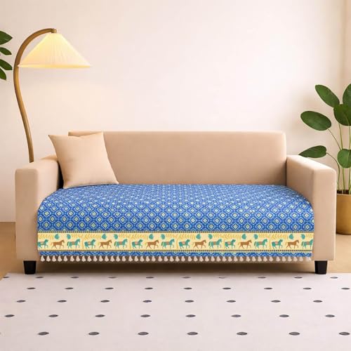 Image of Roseate Quilted Velvet Sofa Cover (2 Seater / 48 inchx27 inch) Sofa Protector for Living Room /Bedroom interiors (Blue /Harley) with Tassels