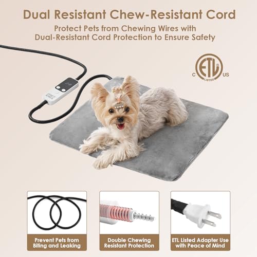 EHEYCIGA Heated Cat Bed Indoor, 6 Adjustable Temperature Dog Cat Heating Pad with Timer, Pet Heating Pad for Cats with Chew Resistant Cord, Waterproof Cat Heating Pad for Winter, 18\"x16\", Grey