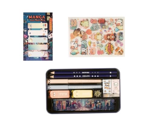 Manga Schreibset: Stifte, Marker, Radiergummi, Lineal, Heftklammern, 2 Transferstickerbogen, Haftnotizen