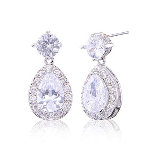 CZ Teardrop Dangle Earrings for Women Small Sterling Silver Crystal Cubic Zirconia Simulated Diamond Rhinestone Birthstone Bridal Drop Earrings for Wedding Bride Bridesmaids Mother of Bride Gift