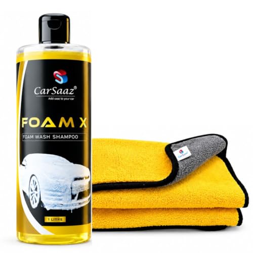 Image of CAR SAAZ Foam X Car & Bike Wash Shampoo (1 Ltr) with Microfiber Cloth 380GSM | Premium Foam Shampoo for Super Clean Wash | pH Neutral, Thick Suds, Highly Effective (1000 ml) | Clean and Protect