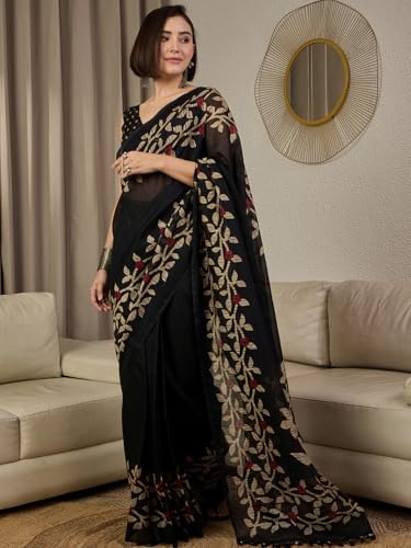 Image of AKHILAM Women's Cotton Printed Ready To Wear Saree With Unstitched Blouse Piece