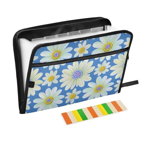 Carpeta de archivos con cremallera, 13 bolsillos, tamaño carta A4, con cierre de cremallera, para escuela, hogar, oficina, aula, margaritas de moda, floral, blanco, azul cielo, para guardar