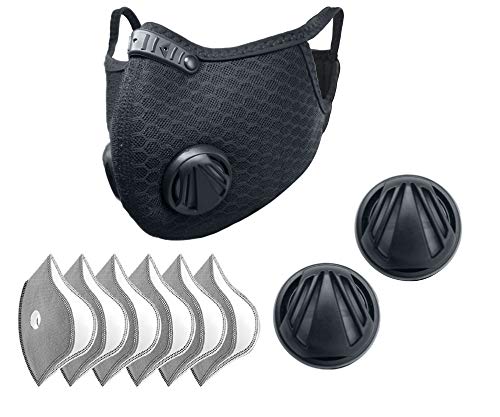 Reusable Dust Mask Face Cover with Activated Carbon Filter and Valves for Outdoor Sports Cycling Running (1 Black Mask 6 Filters 4 Valves)