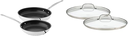 Cuisinart Chef's Classic - Juego de sartenes antiadherentes de acero inoxidable de 9 y 11 pulgadas con tapas de vidrio, color negro y plateado