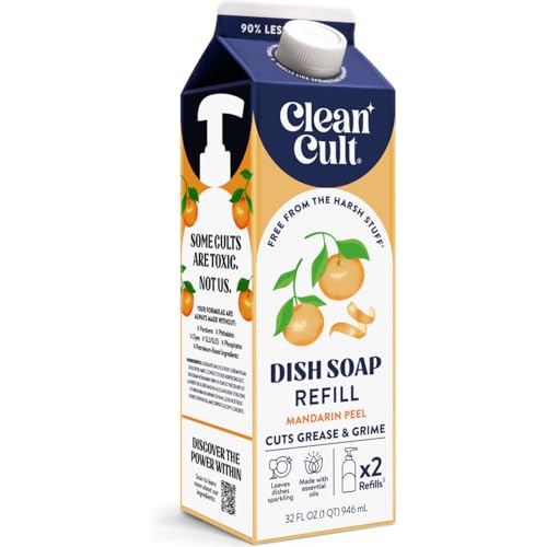 Cleancult Dish Soap Liquid Refill (32oz 1 Pack) - Plant Based Cleaning Power - Dish Soap that Cuts Grease & Grime - Free of Harsh Chemicals - Uses 90% Less Plastic - Mandarin Peel