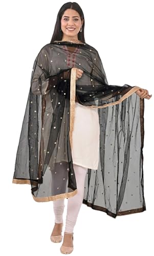 Image of YOUTHQUAKE Women's Net Embroidered Full Size Dupatta With 4 Side Golden Lace