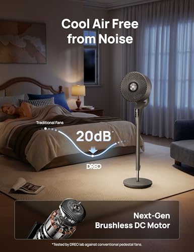 Image of DREO Fan for Bedroom, 2026 Upgraded, 90ft Airflow, 20dB Quiet Fan, 90 Oscillating Standing Fan for Whole Room, DC Motor, 8+H Speeds, 3 Modes, 38-42'' Adjustable Height, 8H Timer, 105 Manual Vertical
