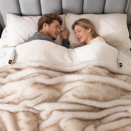 Image of Bearhug Heated Blanket Queen Size, 84 inchx90 inch Dual Control Luxury Faux Fur Electric Blanket with 10 Heat Levels & 9H Auto Off, 450GSM Ultra Plush Shaggy Bed Warmer for Couples, ETL Certified, Gift Box