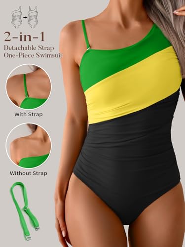 Image of Aidonger One Shoulder One Piece Swimsuit for Women Tummy Control Bathing Suits Color Block Ruched Swim Suit Slimming Swimwear
