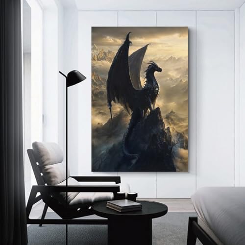 Toile dragon noir pour mur salon et chambre gris