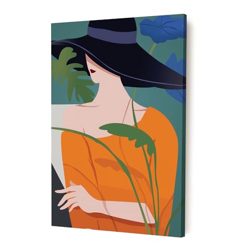 Image of PAINTINGMANTRA Stretched Modern Canvas Wall Art Painting, Black Hat Lady Artwork for Living Room, Home, Bedroom, Office Decoration (Set of 1, 16x22 Inch)