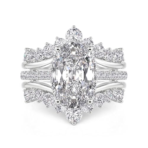 Image of Jeulia Gorgeous Twist Design Wedding Ring Set for Women; 925 Sterling Silver Oval CZ Crystal Inset Puzzle Bridal Ring Set 2PCS Stackable Ring Band Romantic Anniversary Jewelry Gift with Box