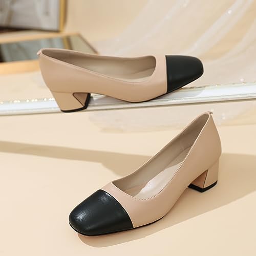 Zamikoo Cap Toe Shoes for Women, Block Heel Square Toe Slip On Chunky Low Heel Pumps, 2 Inches Genuine Leather Two Toned Shoes4