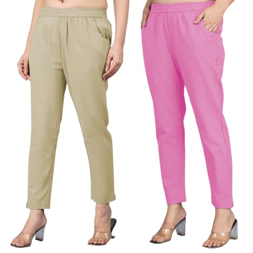Image of Regular Fit Fully Elastic Waist Ankle Length Premium Cotton Casual Trouser Pant (Combo Pack of 2)