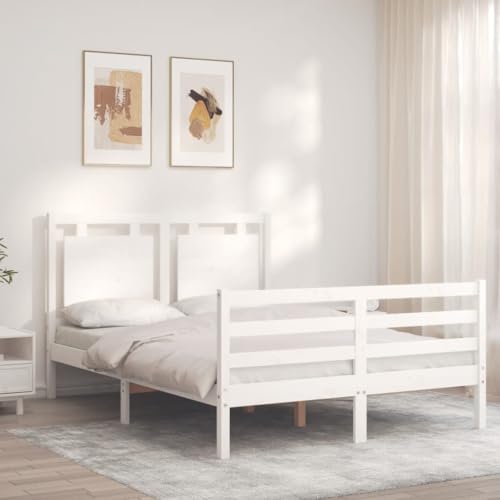 KLYEON Estructura Cama de Matrimonio con cabecero Madera Maciza Blanco,Estructura de Cama de Madera Maciza de Pino Soporte y Comodidad para tu Descanso Camas y somieres