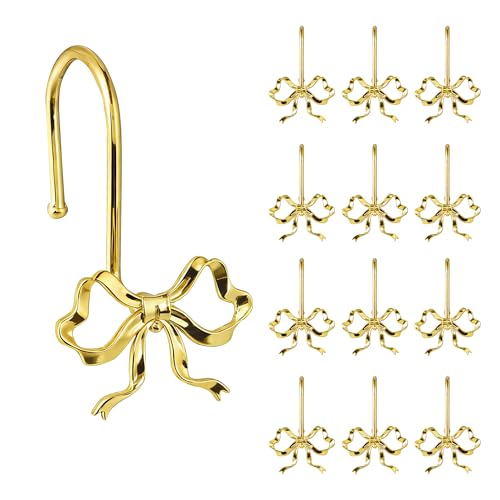 Sunlit Cute Gold Bow Knot Shower Curtain Hooks Metal Home Decorative Shower Curtain Rings for Bathroom Shower Curtain Hangers Bathroom Accessories Set of 12