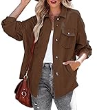 Women's Corduroy Button Down Pocket Shacket Casual Long Sleeve V Neck Jacket Blouses Coat 6026 Brown Medium