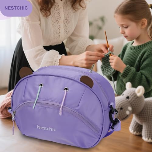 Image of Hippo Yarn Storage Bag Organizer for Crochet Portable Knitting Holder with Zipper, Small Craft Project Bag, Cute Crochet Accessories & Gifts for Women (Light Purple)