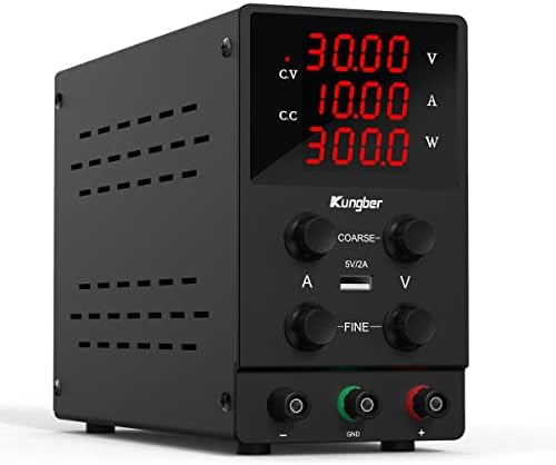 Kungber DC Power Supply Variable, 30V 10A Adjustable Switching Regulated DC Bench Linear Power Supply with 4-Digits LED Power Display 5V/2A USB Output, Coarse and Fine Adjustments with Alligator Leads