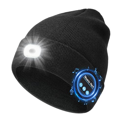 Bluetooth Beanie with Light, USB Rechargeable Knit Hat with Headphones Headlamp and 3 Light Modes for Men and Women, Ideal Gift for Christmas Birthday