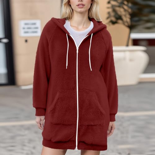 Cozy Wine Hooded Jacket for Women - Fleece Long Sleeve Zipper Coat with Pockets - Perfect for Winter Adventures! - Image 4