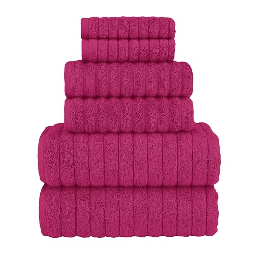 Image of Elegant Comfort 100% Turkish Cotton Corduroy Ribbed Luxury Bath Towels 6-Piece Set, Premium Feel - Quick Dry, Highly Absorbent, Contains 2 Bath Towels, 2 Hand Towels, and 2 Washcloths, Hot Pink