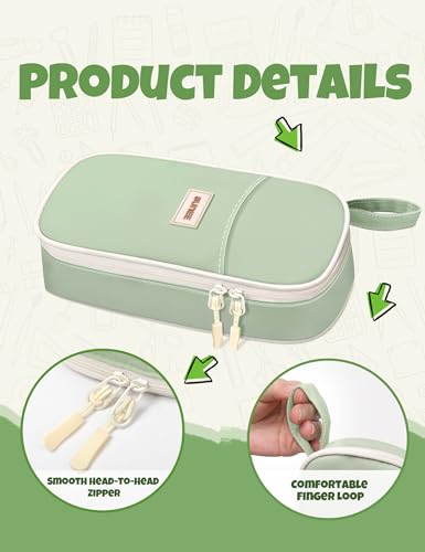 Image of SUNEE Cute Pencil Case, Aesthetic Pen Pouch, Colored Large Pencil Bag with Zipper, Kawaii Stationery Storage and Organizer, School Supplies for Teen and Adult Girls, Green
