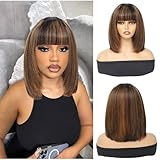Beaurocks Bob Wig with Bangs Human Hair 1b/30 Straight Wig Human Hair Short Glueless Wear Wig Ombre Blonde Highlight Short Bob Wigs for Black Women 2.5X1 inch Bob Wig 10Inch Bob