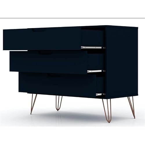 Manhattan Comfort Rockefeller Mid-Century Modern 3 Drawer Bedroom Dresser With Nightstand, Set Of 2, Midnight Blue #TOP4