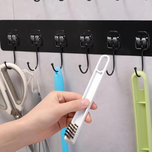 Image of 1 PCS Adhesive Sticker Wall Mounted Coat Hook Rack 6 in 1 Heavy Duty Sticky Hooks No Drilling Strong Load Bearing Organizer for Kitchen Bathroom Bedroom Doors Tiles (Black Color)