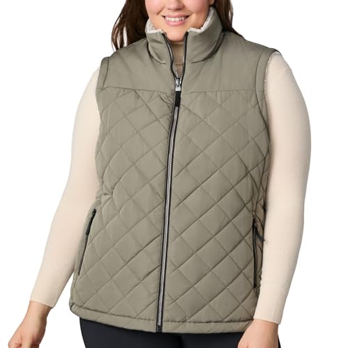 Free Country Womens Vest Reversible Puffer Quilted Sherpa Fleece Lighweight Zip Pockets Winter Gilet Vest for Ladies-Stratus II-Vine-Plus Size 3X