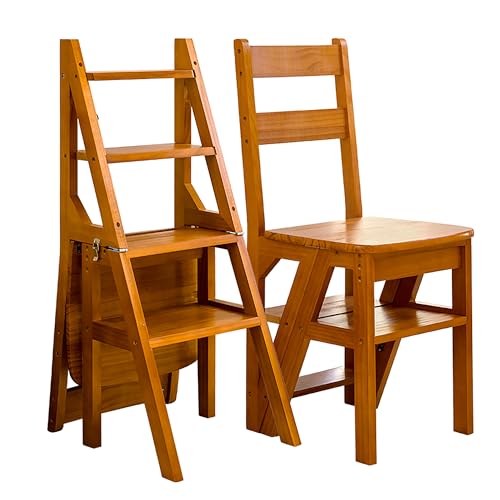 Scala a gradini, 4 gradini, pieghevole, 2 in 1, scaletta e sedia pieghevole in legno, portata fino a 180 kg, adatta per cucina, casa, biblioteche (colore miele)