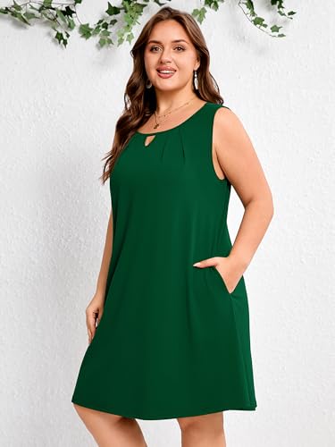 Image of AusLook Plus Size Summer Midi Dress for Women Sleeveless Casual A Line Swing Dress with Pockets Keyhole Neck Beach 1X-5X