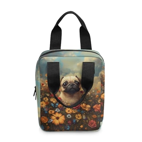 Talayituse Pug Dog Butterfly Flower Print Bible Cover for Women Men Bible Case Carrying Book Organizer Zipper Tote Bible Bag with Handle Pocket Bible Protective Holder2