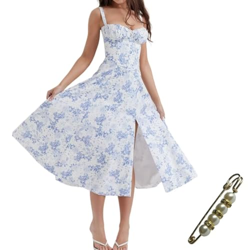 Image of Floral Corset Midi Dress Square Neck A Line Dress with Slit | Square neck floral midi dress with front tie bust wide straps A-line skirt side slit and lightweight fabric