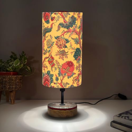 Image of Amazon Basics Bagru Marigold Table Lamp | Hand-Painted Mango Wood Base with Printed Polyester Shade | E14 Holder | Decorative Night Lamp for Bedroom, Living Room & Study Room | Home Decor Gift