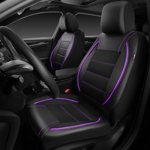 Image of CAR PASS Universal FIT Piping Leather Two Front Seat Covers, Waterproof Faux Leather for SUV Sedan Van Truck, Airbag Compatible,Reserved Opening Holes for Headrest Covers(Black and Purple)