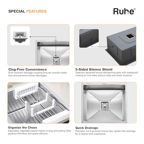 Image of Ruhe Handmade Single Bowl Kitchen Sink - 18x16x10 inches | 304-Grade Stainless Steel Sink with Brushed Matte Finish | Kitchen Sink Including Coupling, Waste Pipe & Vegetable Washing Basket