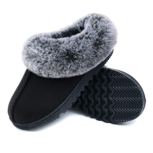 Womens Warm Memory Foam House Slippers, Cozy Winter Womens House Shoes Fuzzy Fur Collar, Indoor Outdoor Comfy Suede Bedroom Slippers with Non-Slip Rubber Sole
