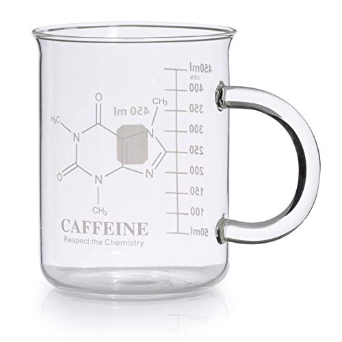 Caffeine Beaker Mug, Caffeine Molecule Mug - Chemistry Mug 16 oz Borosilicate Glass Coffee Mugs with Handle and Measuring for Coffee, Latte, Tea or Hot and Cold Beverage, - Tea Coffee Mug by Amugo Caffeine Beaker Mug, Caffeine Molecule Mug - Chemistry Mug 16 oz Borosilicate Glass Coffee Mugs with Handle and Measuring for Coffee, Latte, Tea or Hot and Cold Beverage, - Tea Coffee Mug by Amugo