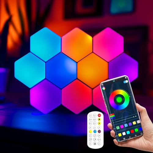 SLARY 10Pcs RGB Hexagon Light Panels LED Wall Lights, Smart Modular Gaming Lights Creative Wall Lights with APP, Cool DIY Honeycomb Shape Panels Hexagon Lights with Music Sync for Indoor Decor