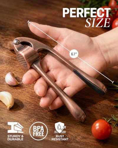 Image of Zulay Kitchen Premium Garlic Press Set - Rust Proof Professional Garlic Mincer Tool - Easy-Squeeze, Easy-Clean with Soft, Ergonomic Handle - Silicone Garlic Peeler & Brush (Copper)