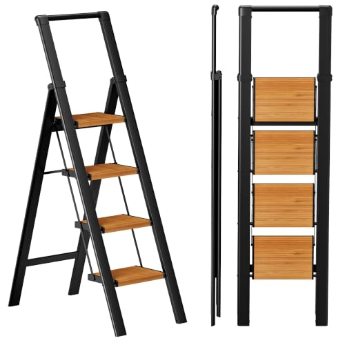 Image of SOLADDER 4 Step Ladder, Lightweight Folding Step Stool, Black+Woodgrain