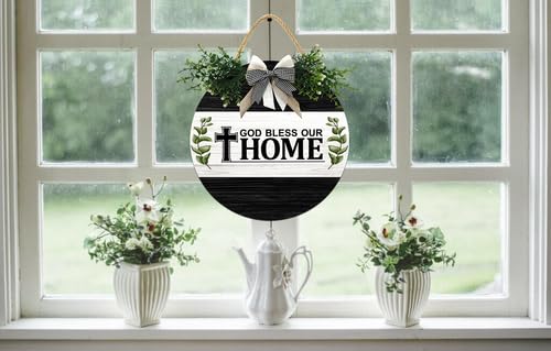 Drewniane tabliczki na drzwi z napisem "God Bless Our Home", dekoracja ścienna, chrześcijański Jezus, dekoracja domu, wieńce wiosenne do drzwi wejściowych, na zewnątrz, na wszystkie pory roku
